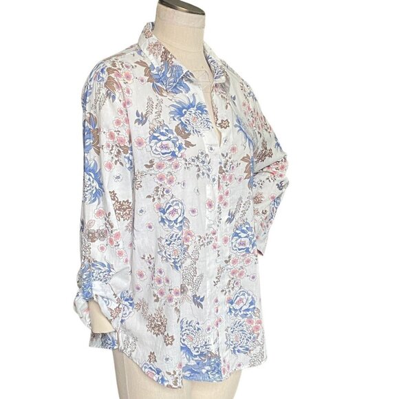 Eden & Olivia Floral Blouse Sz XL Roll Tab Sleeve  100% Cotton 227E - Picture 3 of 10